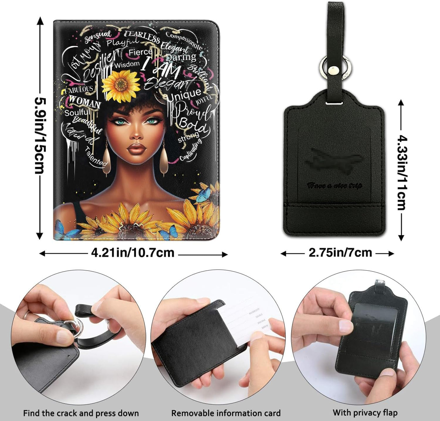 Passport Holder Women Wallet with Luggage Tag, Leather Passport Cover with RFID Blocking, Travel Accessories Multi Card Slot Passport Case for Men，I AM Courageous Black Girl
