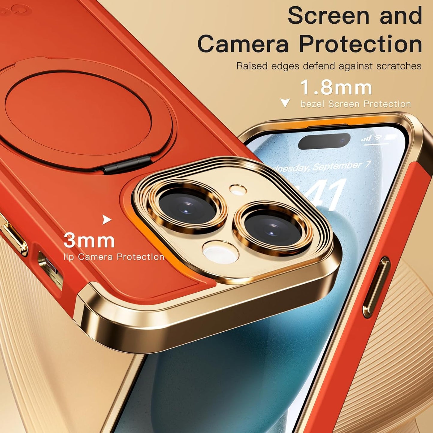 COOLQO for iPhone 15 Case 6.1'' Upgraded 360° Spin Magnetic Stand [Compatible with Magsafe][Military Protection] Plating Matte Scratch-Resistant Back Protective Shockproof Phone Case, Orange Gold