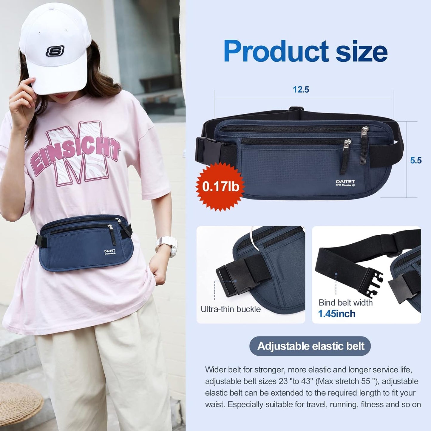 RFID Blocking Money Belt for Men Women, Slim Fanny Pack for Travel，Running,Conceal Waist Wallet for Passport Holder,Phone,Cash(Black Dark Blue)