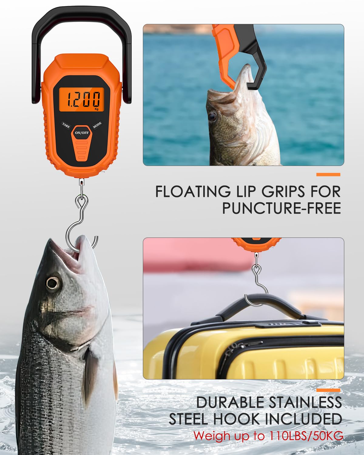Fish Scale with Lip Gripper, Digital Fishing Weight Scale with Hook & Clamp, 110lb/50kg Fishing