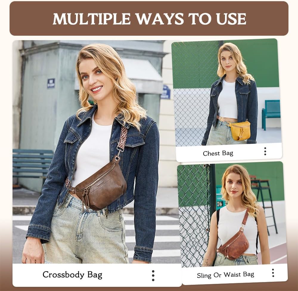 HKCLUF Fanny Pack Crossbody Bags for Women Pu Leather Belt Bag Waist Pack Causal Chest Bum Bag With 2 Straps