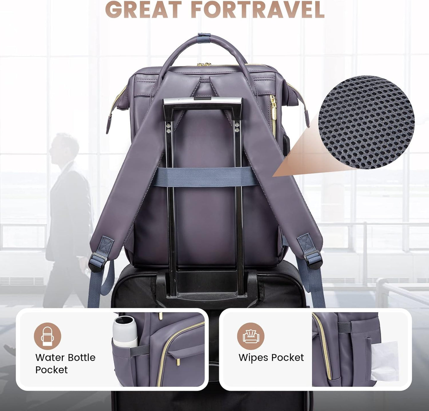 LOVEVOOK Leather Laptop Backpack for Women 17 inch,Travel Backpack Purse Nurse Teacher Backpack Computer Laptop Bag,Professional College Business Work Bags Carry On Backpack with USB Port,Grey Purple