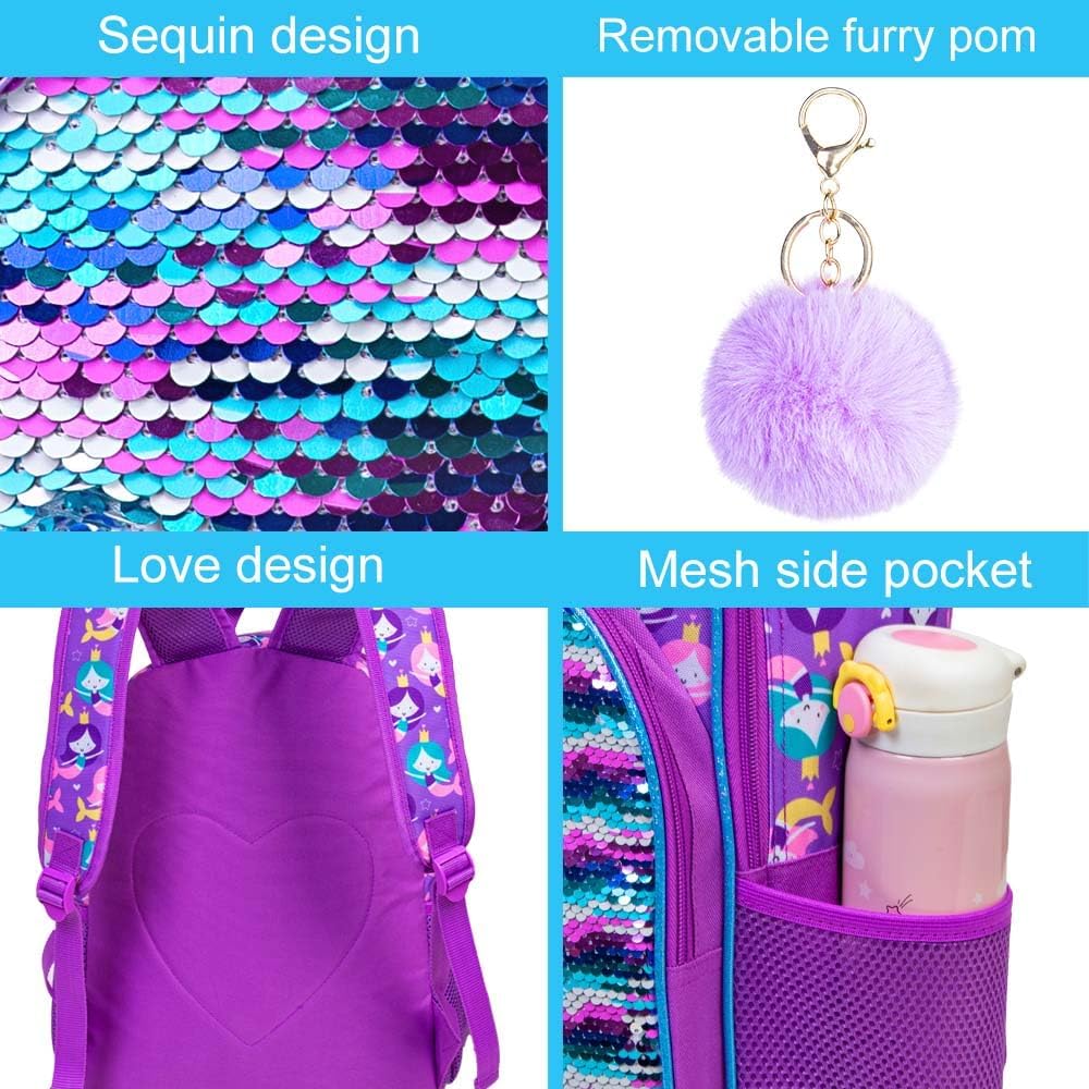 3PCS Girls Backpack, 16" Sequin Prechool Elementary Bookbag and Lunch Box