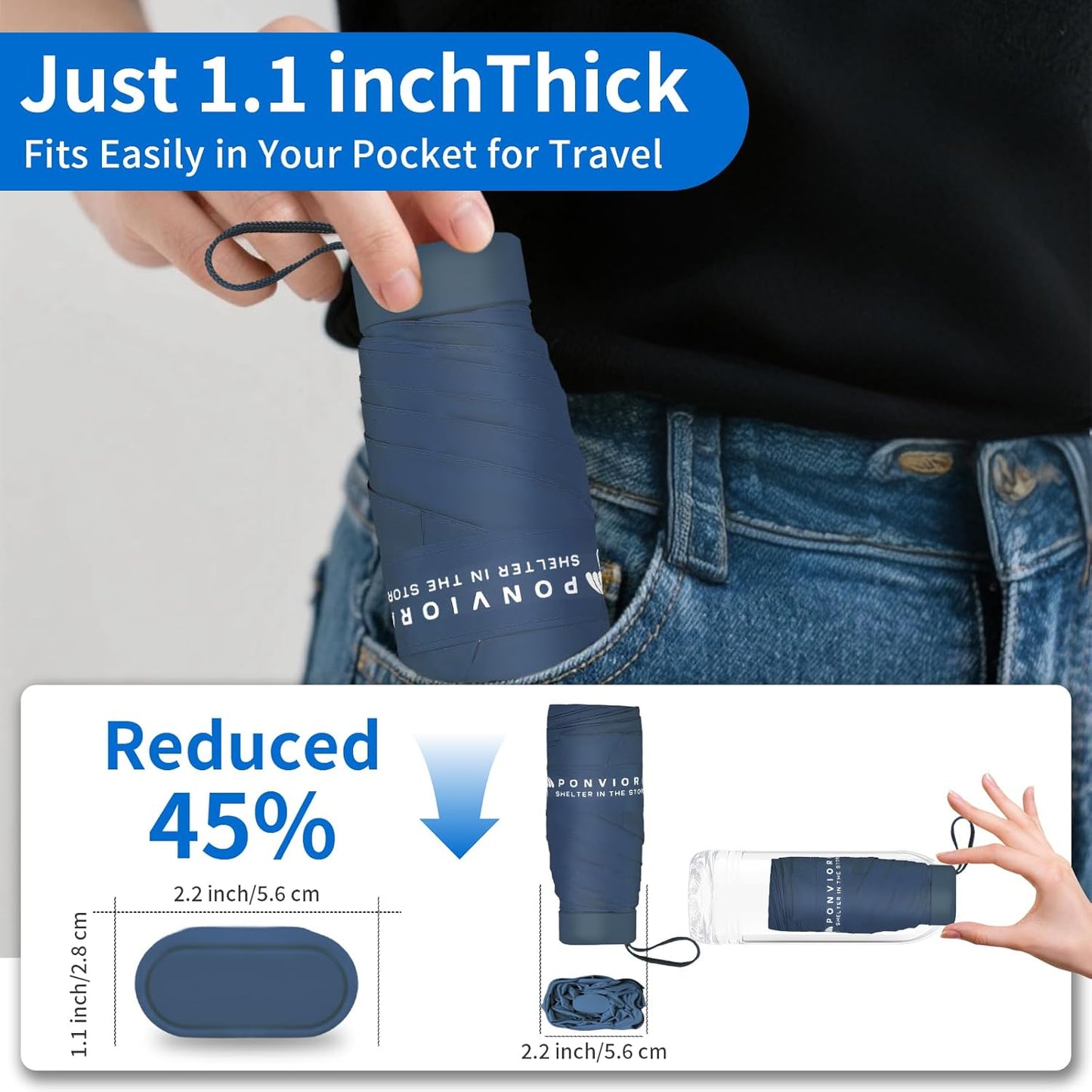 Compact Mini Windproof Travel Umbrella-UPF 50+ Sun & Rain Protection, Small Folding Design Fits in Pocket or Purse, Lightweight Portable with Case for Women, Men & Kids