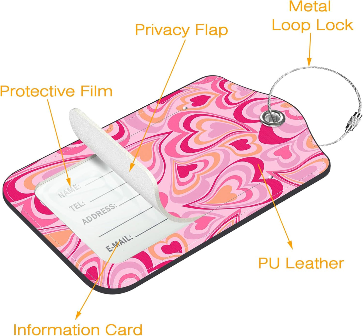 3 Pack PU Luggage Tags for Suitcase, Love Hearts Suitcase Tag Leather Privacy Cover ID Label with Stainless Steel Loop for Baggage Handbag School Bag Backpack