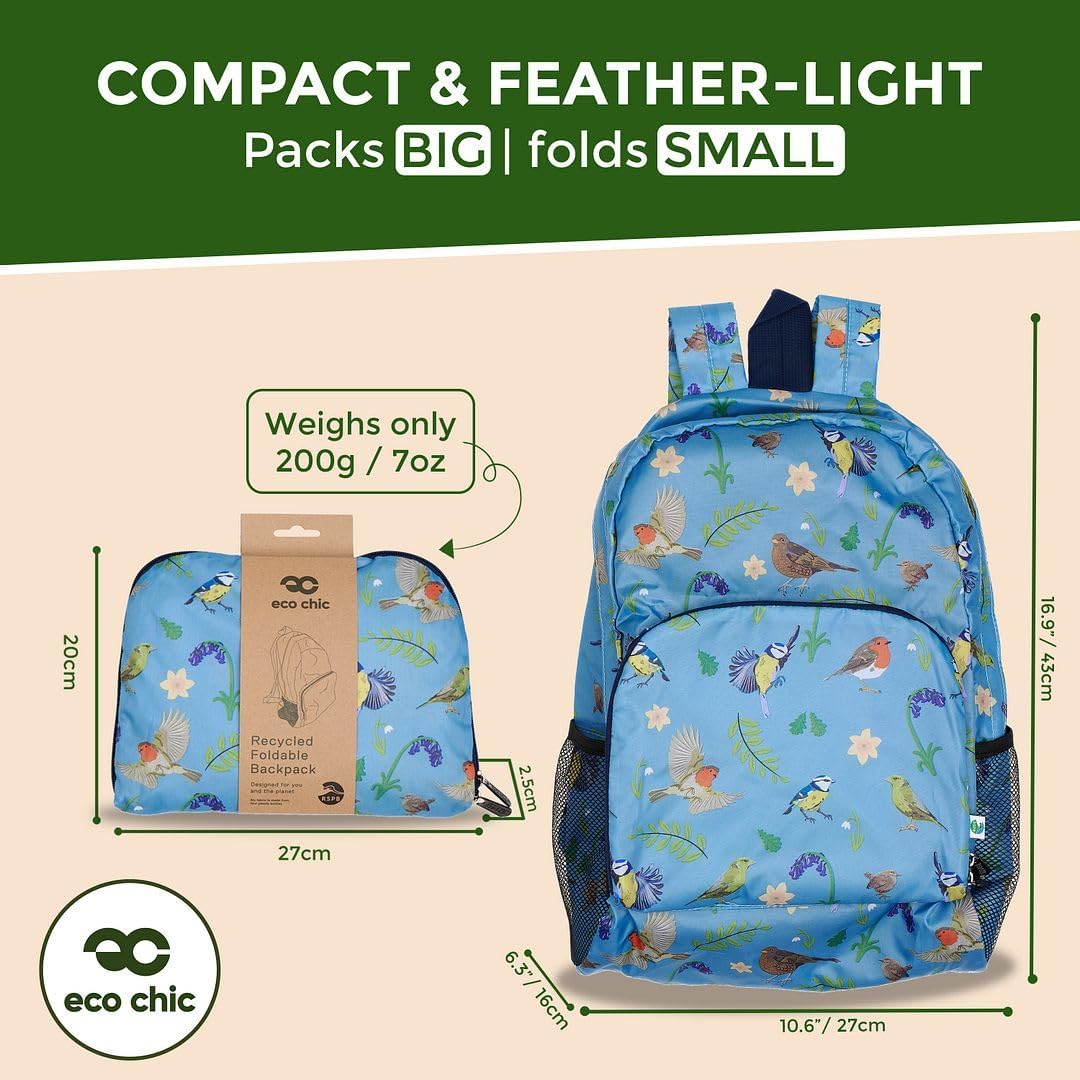 ECO CHIC Hiking Lightweight Packable Backpack - Foldable Daypack for Travel & Hiking & Outdoor Adventures - Waterproof Backpack from Recycled Materials (RSPB Birds Blue)