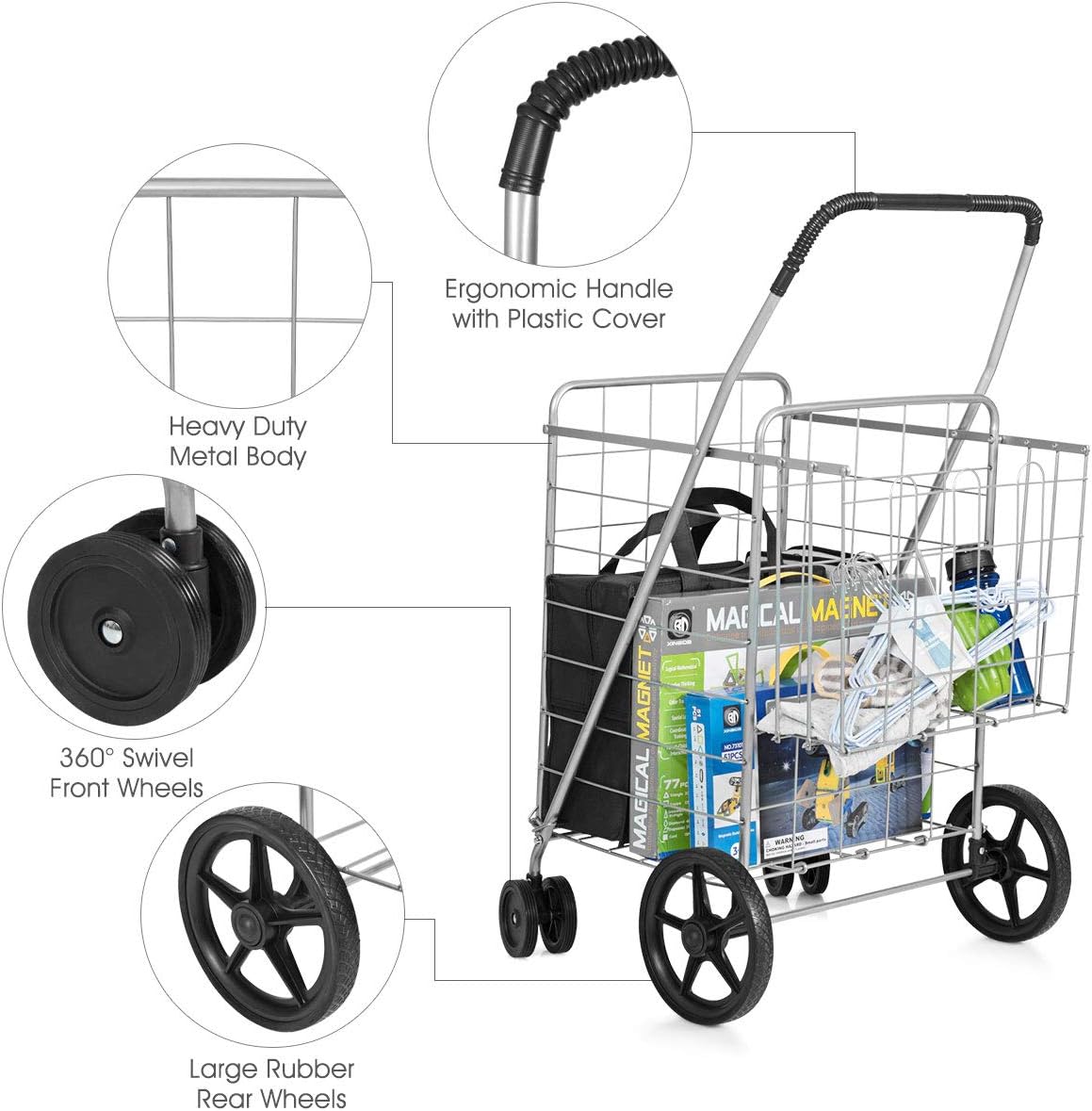 Goplus Jumbo Folding Shopping Cart with Rolling Swivel Wheels, Foldable Grocery Cart on Wheels with Double Basket, Heavy Duty Utility Cart, Shopping Carts for Groceries Laundry Book Luggage Travel