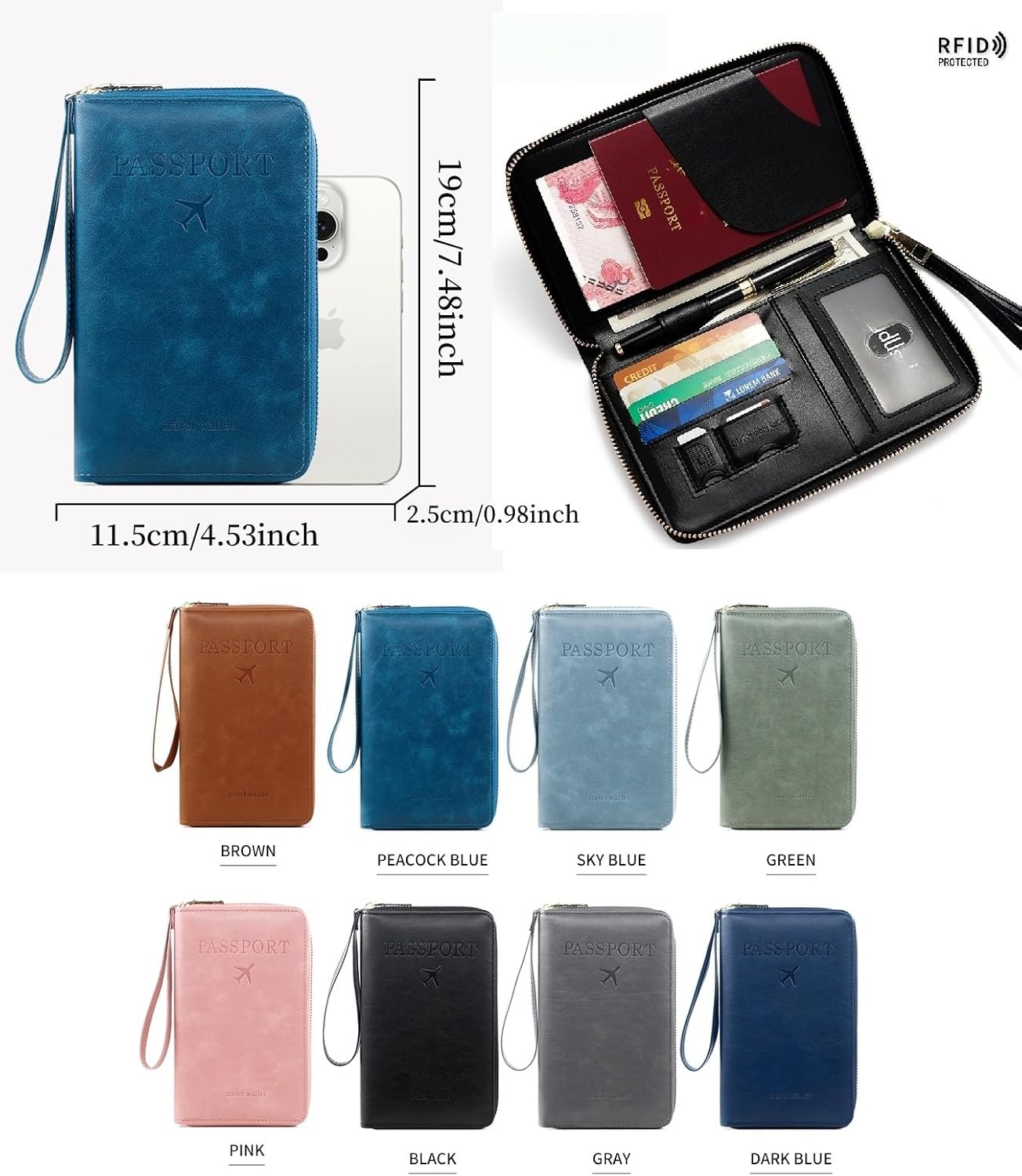 S-11 RFID Blocking Passport Holder Travel Wallet, Slim Zipper Card Case with ID Window, Boarding Pass Slot & Credit Card Organizer for Men and Women. (Black)