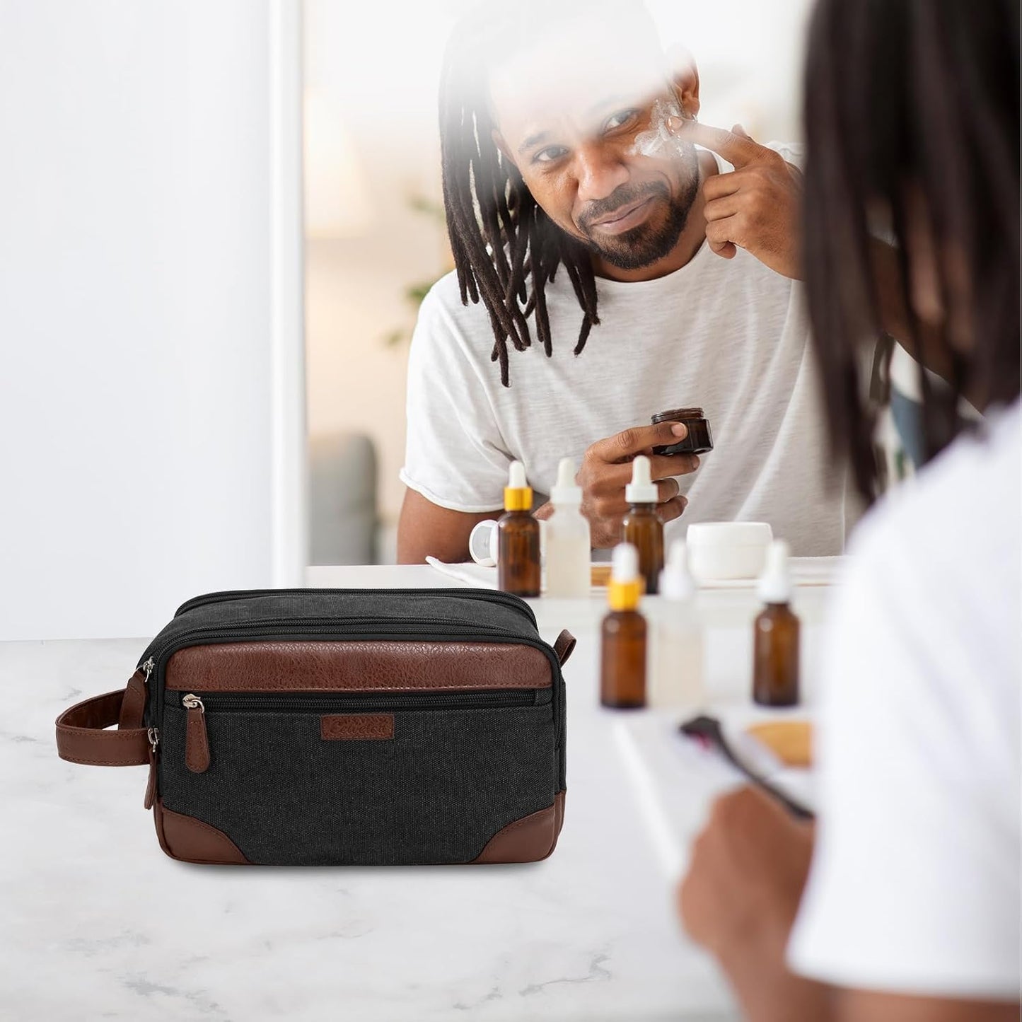 Travel Toiletry Bag for Men - Canvas Toiletries Bag with Multiple Pockets Large Hanging Travel Kit Bag for Toiletries Essentials Accessories - Dark Grey