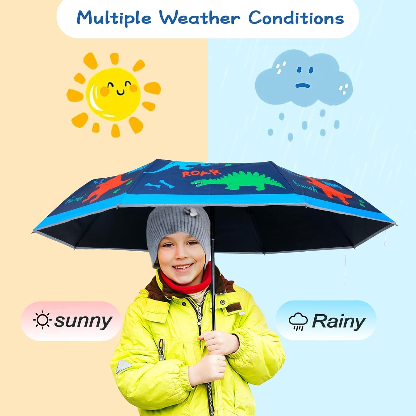 Kids Folding Umbrella Auto Open/Close Anti-rebound Safe Design UV Resistant Automatic Children Travel Umbrellas 8 Rib Reinforced Canopy 360° Reflective Strip Lightweight Cute Umbrella for Girls & Boys
