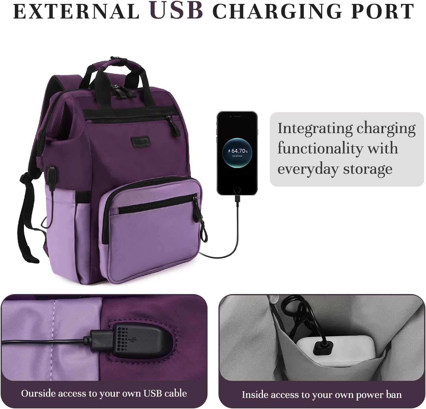 Timeet Laptop Backpack for Women Men, 15.6 Inch Travel Backpack with USB Charging Port, Water Resistant & Anti-theft for Work College Business, Multifunctional Carry on Backpack, Dark Purple