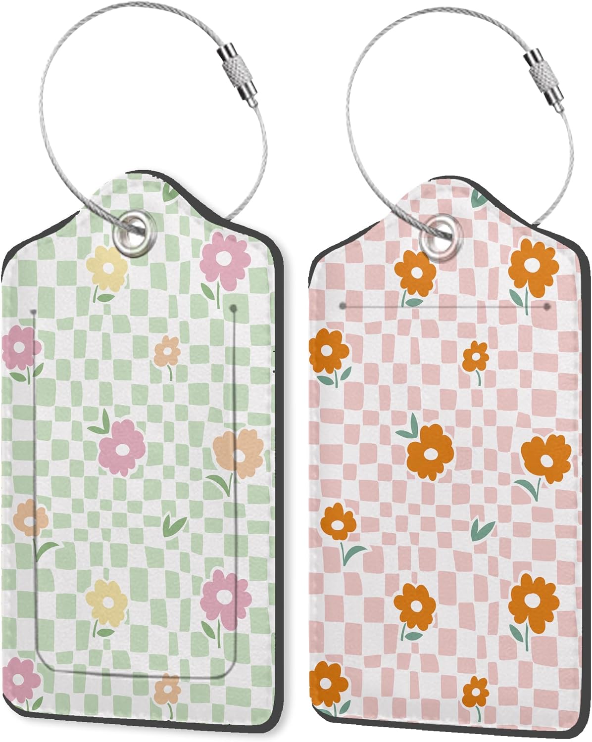 Stylish Floral Checkered Luggage Tags, 2 Pack Travel Cruise Tags for Suitcases, Cute Identifiers with Privacy Flap, Baggage Tag for Women Men Backpack Handbag