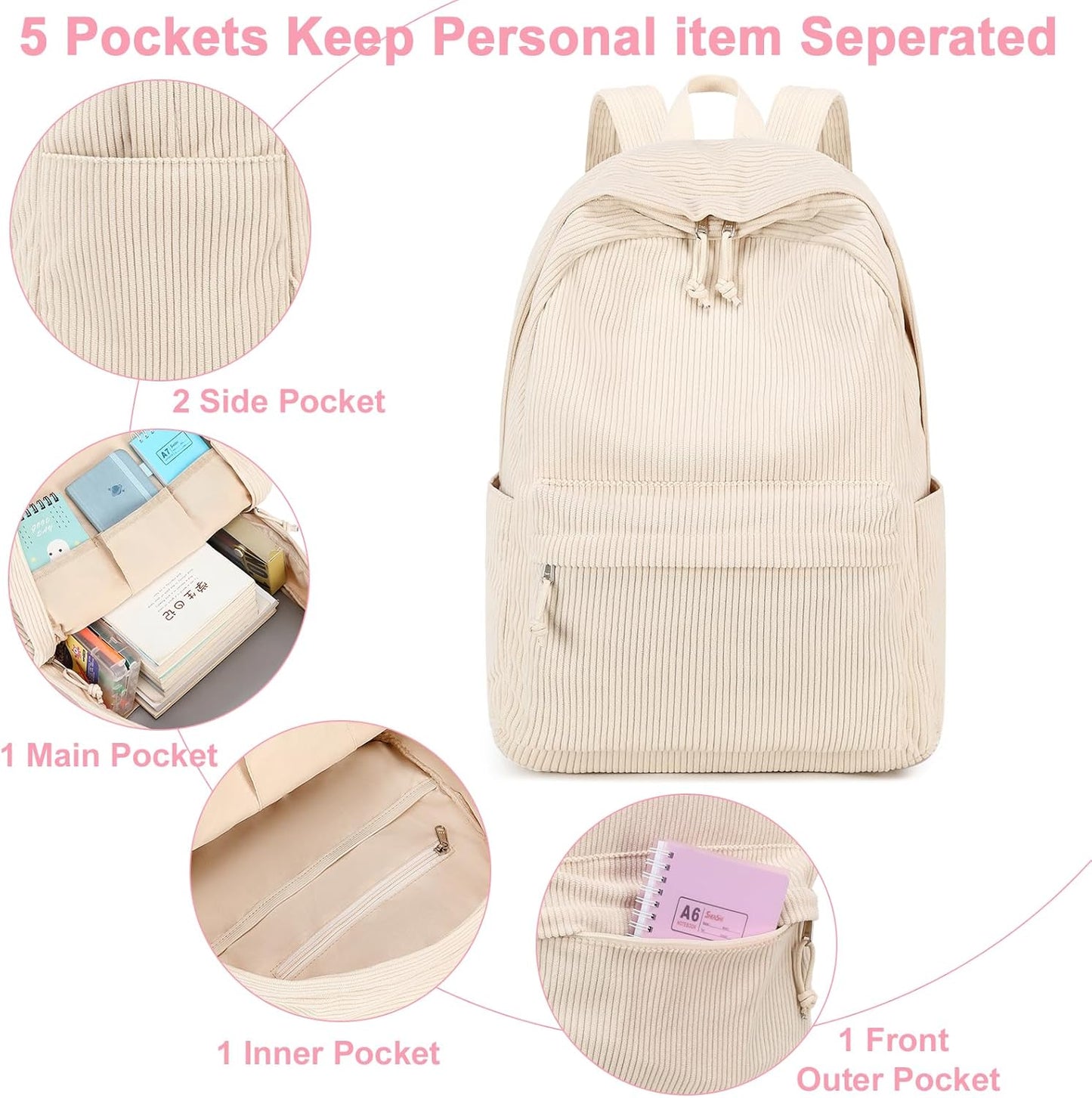 School Backpack for Teen Girls Bookbags Elementary High School Corduroy Laptop Bags Women Travel Daypacks