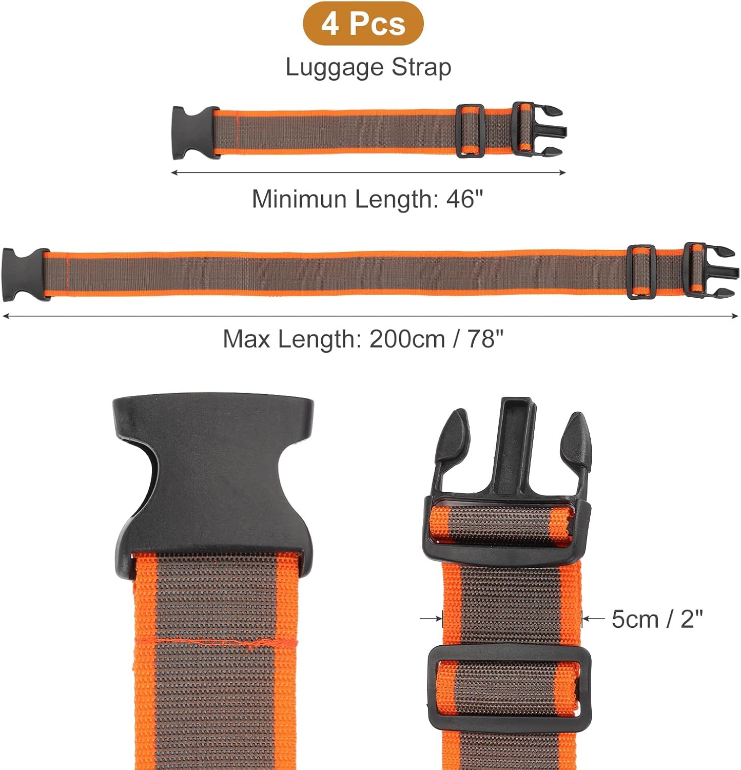 MECCANIXITY Luggage Straps with Quick-Release Buckle Adjustable Suitcase Belt Strap for Suitcase Briefcase Backpack Travel, Gray-Orange, Pack of 4