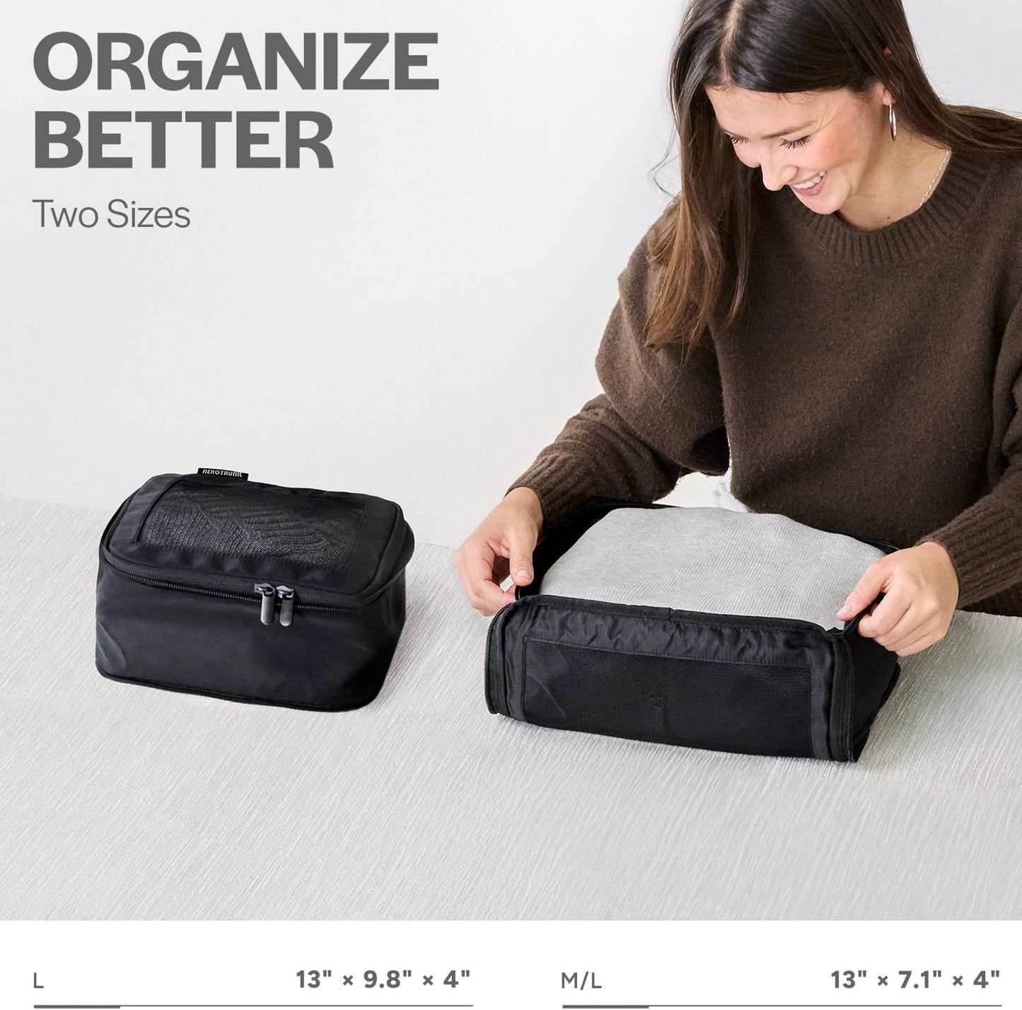 Aerotrunk Compression Packing Cubes for Travel - Luggage Organizer Bags - Double Zipper Packing Cubes for Suitcases (2-Pack, Black)