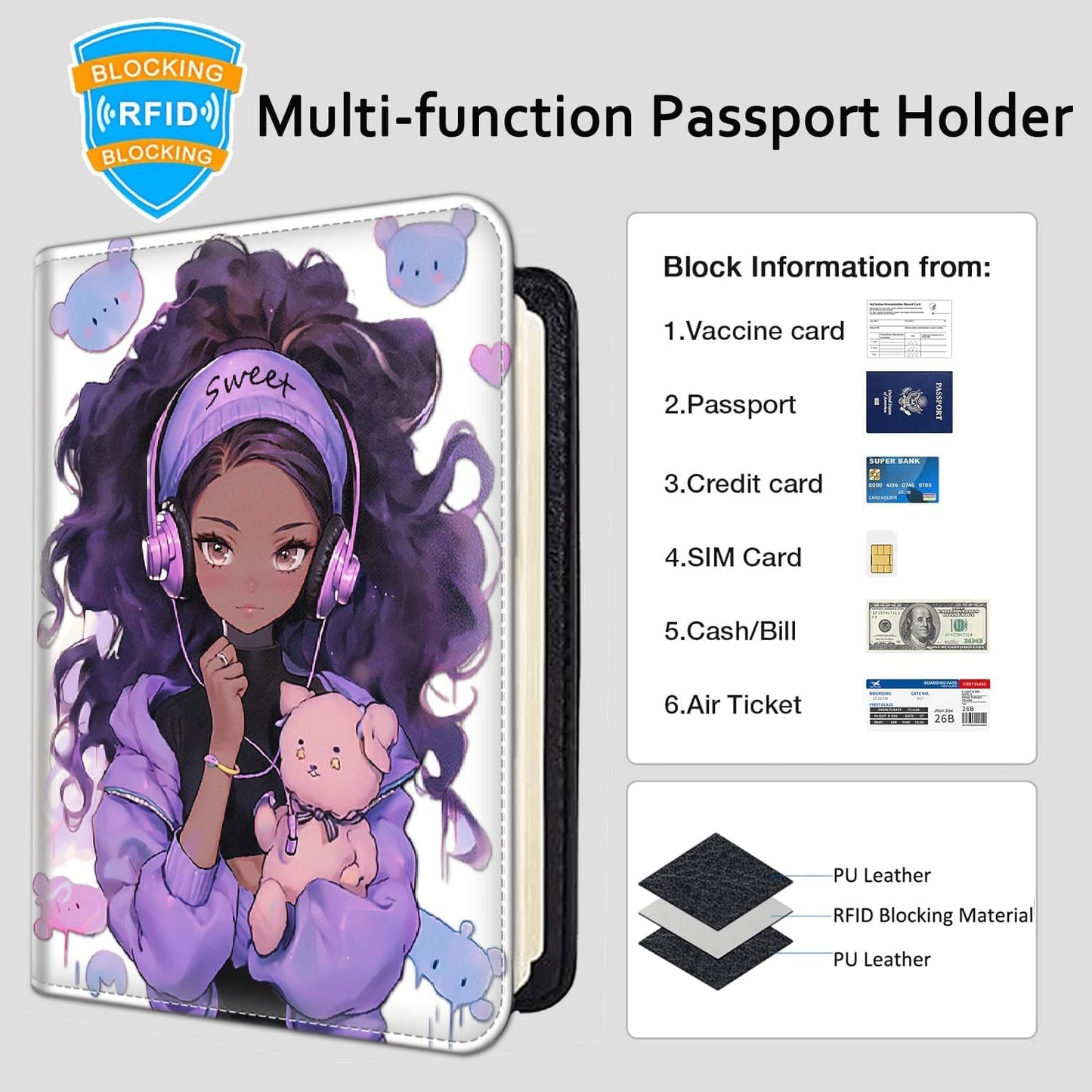 Passport Holder Women Wallet with Luggage Tag, Leather Passport Cover with RFID Blocking, Travel Accessories Multi Card Slot Passport Case for Men，Purple Girl