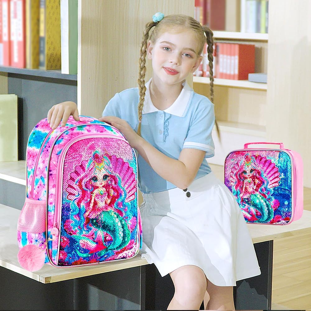 3PCS Kids Backpacks for Girls, 16" Little Kid Preschool School Bookbag and Lunch Box - Unicorn/Mermaid/Flamingo