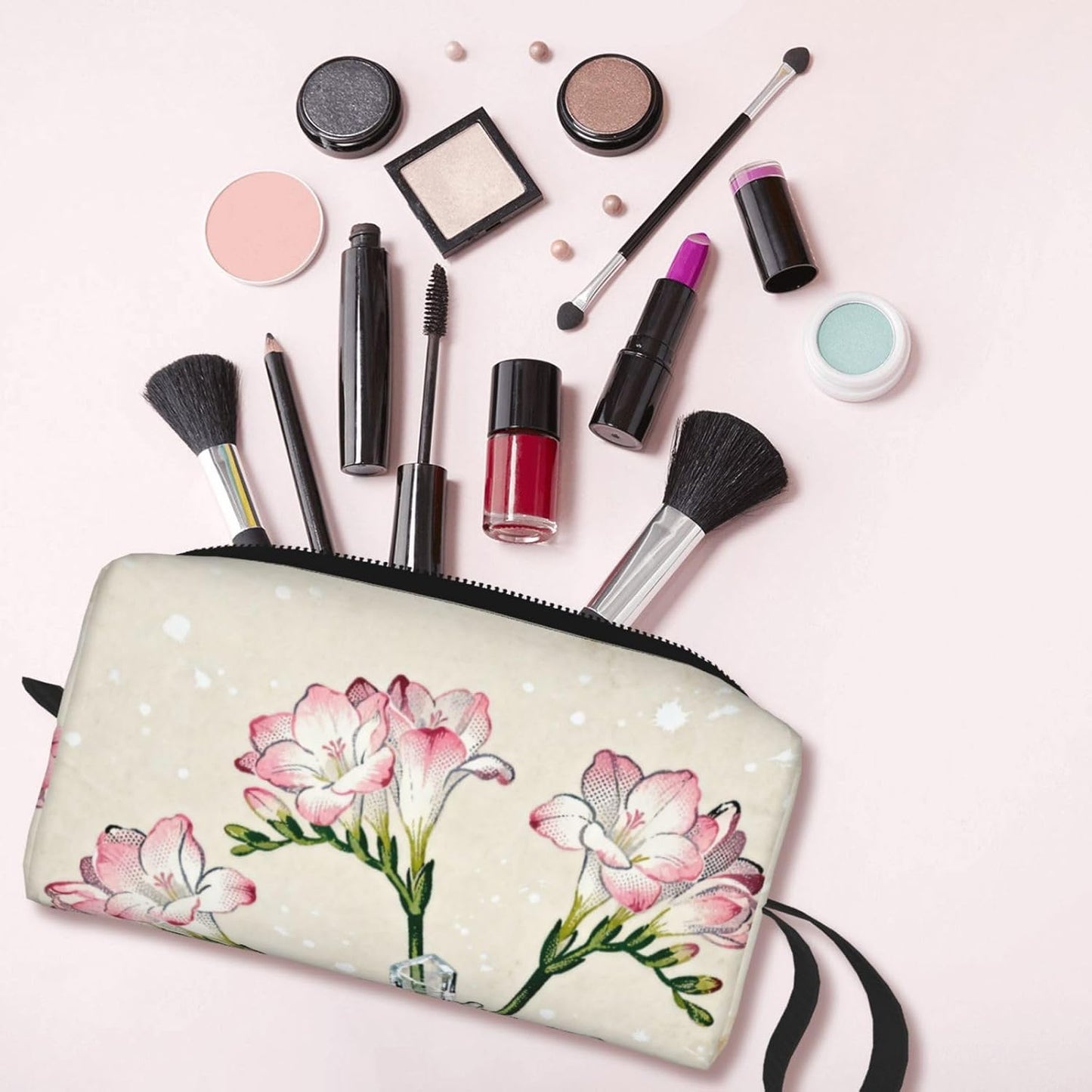 Pink Freesia Floral Makeup Bag Organizer Compact & Durable Flower Travel Cosmetic Bag Oxford Fabric Impact-Resistant Multi-Purpose Storage Perfect for Travel, Gym, Daily Use