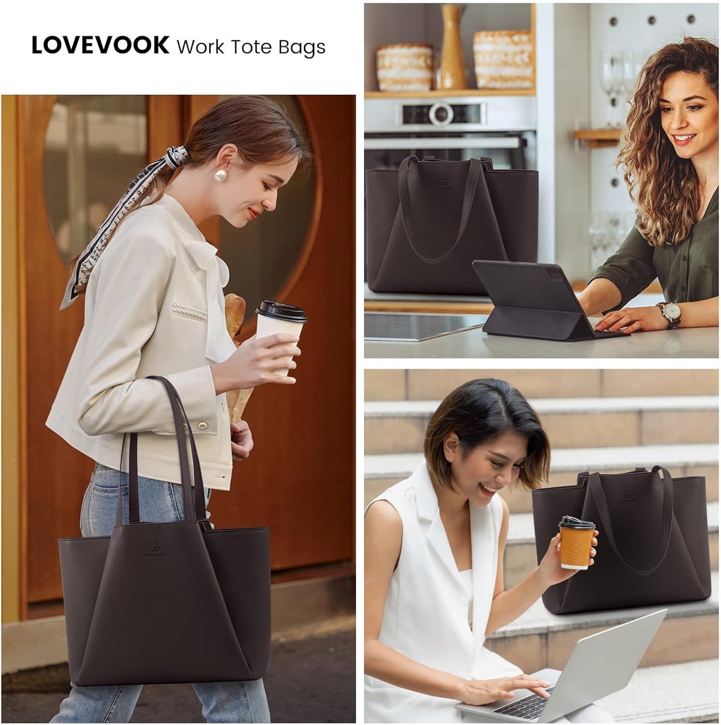 LOVEVOOK Laptop Tote Bag for Women - 15.6 Inch Faux Leather Work Tote Bag For women with Clutch, Large Capacity Office Purse for Casual Business Travel, Coffee