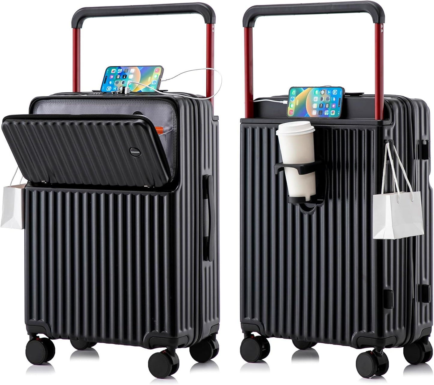 20 Inch Carry On Luggage with Spinner Wheels,PC Hard Shell Suitcase with USB Port,Lightweight Travel Luggage Airline Approved for Men Women, Black