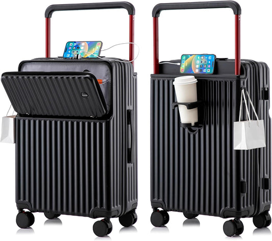 20 Inch Carry On Luggage with Spinner Wheels,PC Hard Shell Suitcase with USB Port,Lightweight Travel Luggage Airline Approved for Men Women, Black