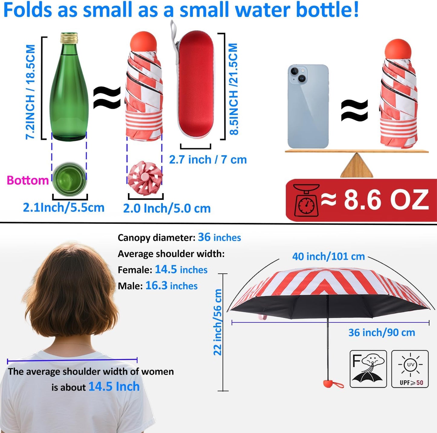 BAODINI Travel Essentials Mini Umbrella for Purse With Case Small Compact UV Sun Protection Lightweight Tiny Pocket Manual Open Close Umbrella for Women Kids and Men Fit Purse Backpack