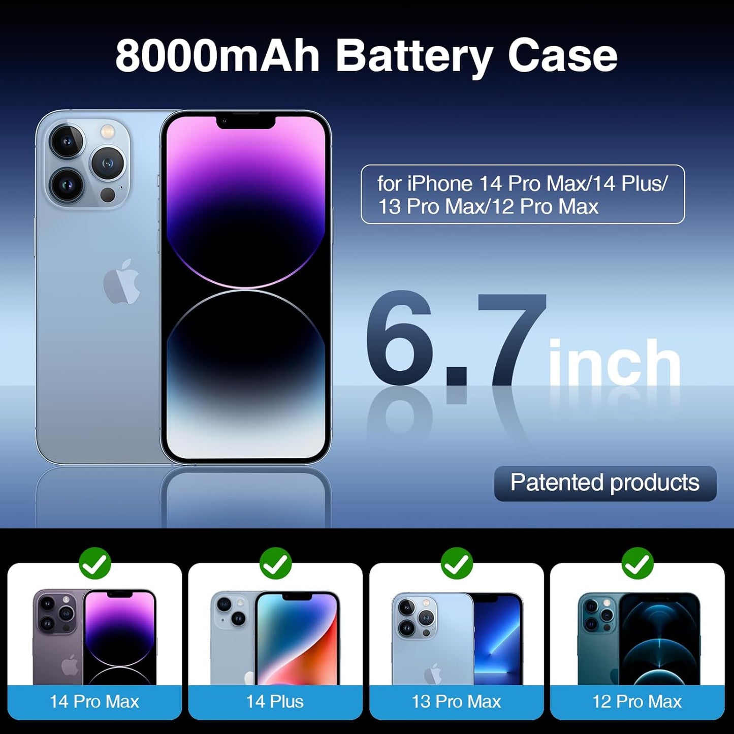 Battery Case for iPhone 14 Pro Max/14 Plus/13 Pro Max/12 Pro Max, Charging Case With Stand 8000mAh Portable Extended Case Cover for iPhone 14 Pro Max, 14Plus, 13/12Pro Max Charging Case (6.7”) Black