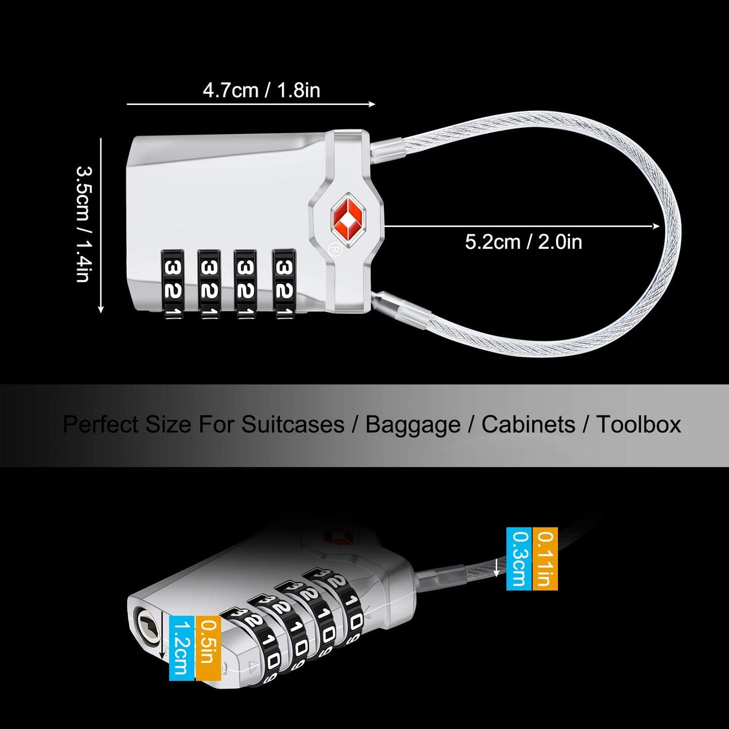 2 Packs TSA Luggage Locks with 14cm Flexible Cable, Diyife 4-Digit Combination Travel Lock Security Padlock for Suitcase Luggage Backpack School or Gym Cabinet, etc. (Silver)