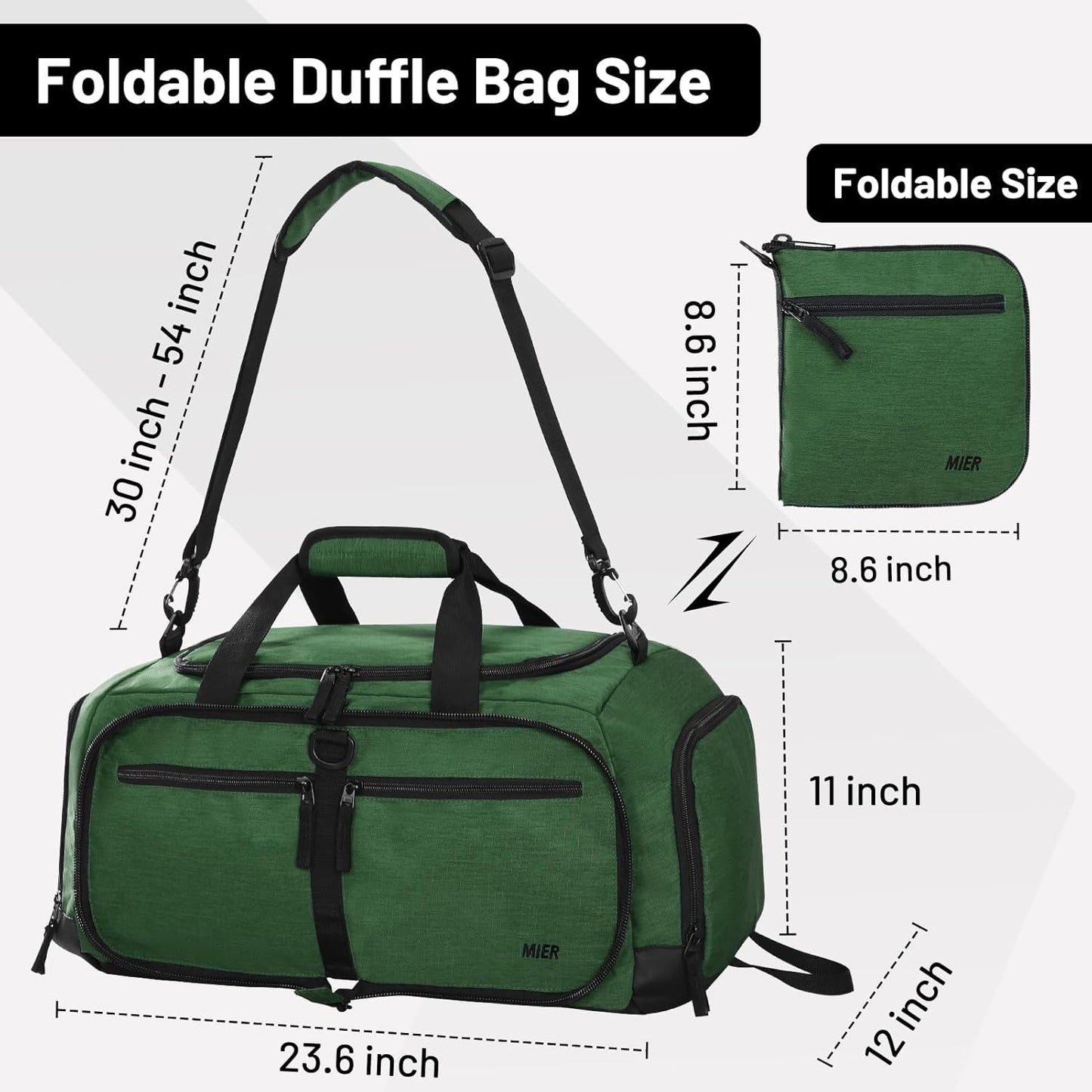MIER Foldable Duffle Bag with Shoe Compartment 50L Travel Duffel Bags for Men Women Packable Overnight Bag for Camping Gym Weekender, Dark Green