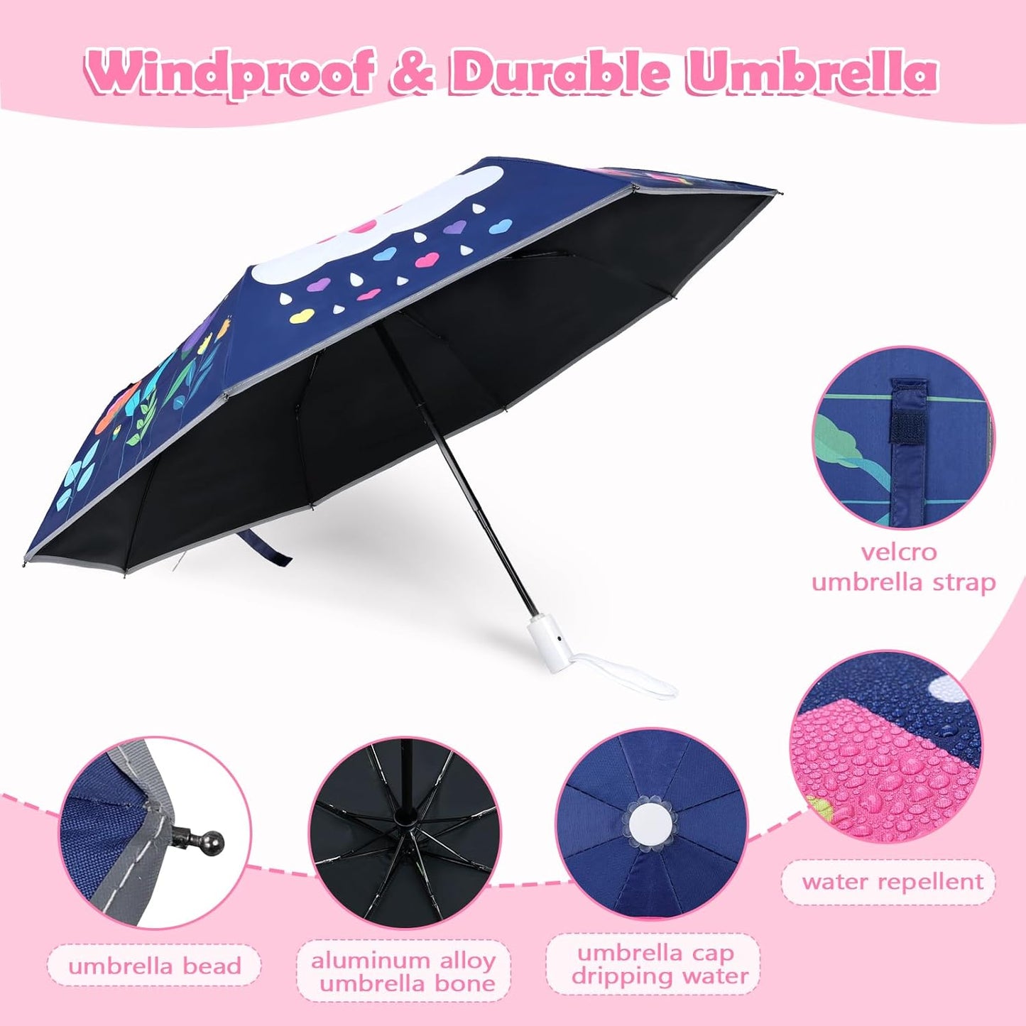 Kids Folding Umbrella Toddler Umbrella with UV Protection Portable Auto Open/Close Anti-rebound Safe Design Windproof, Compact, Lightweight Cute Umbrella for Girls & Boy