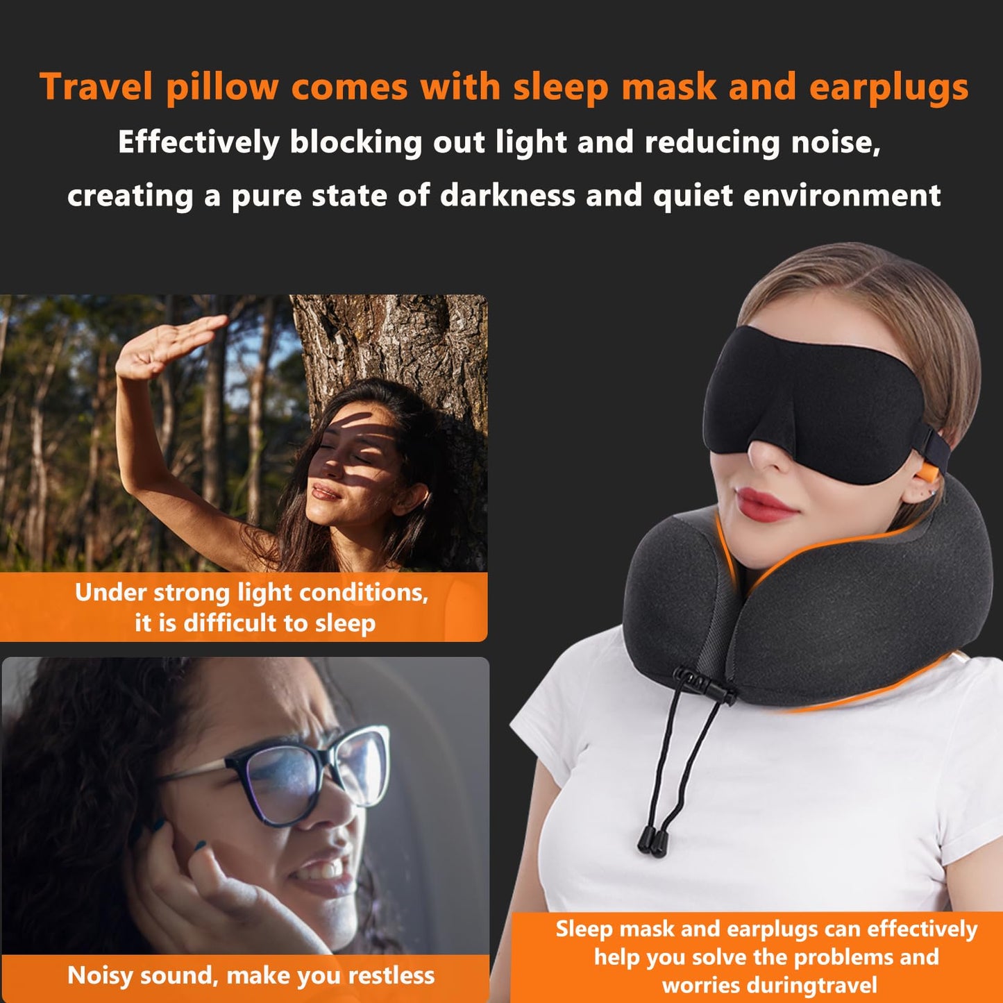MLVOC Airplane Travel Neck Pillow for Sleeping, 3D-Eye Mask & Earplugs Kit