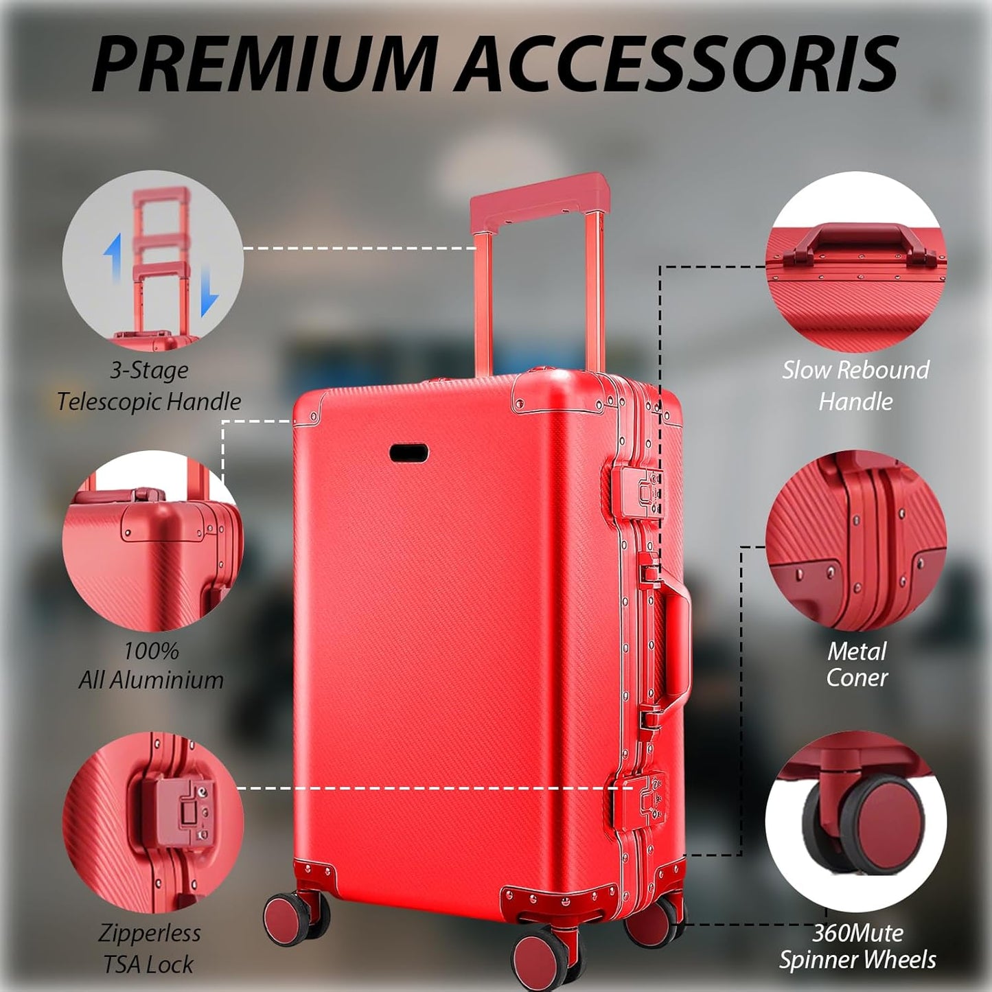 Tmore Aluminum Frame Luggage with No Need to Check in, Hardside Suitcase with Spinner Wheels, Metal Travel Luggage with Double Tsa Locks, 20 Inch, Red Small