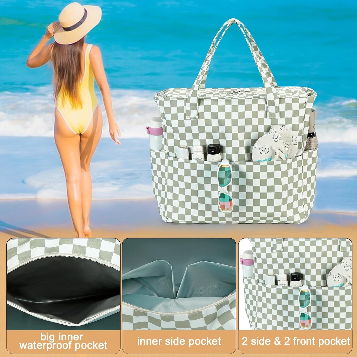 LEDAOU Beach Bag Waterproof Sandproof Women Tote Bag Pool Bag with Zipper for Gym Grocery Travel
