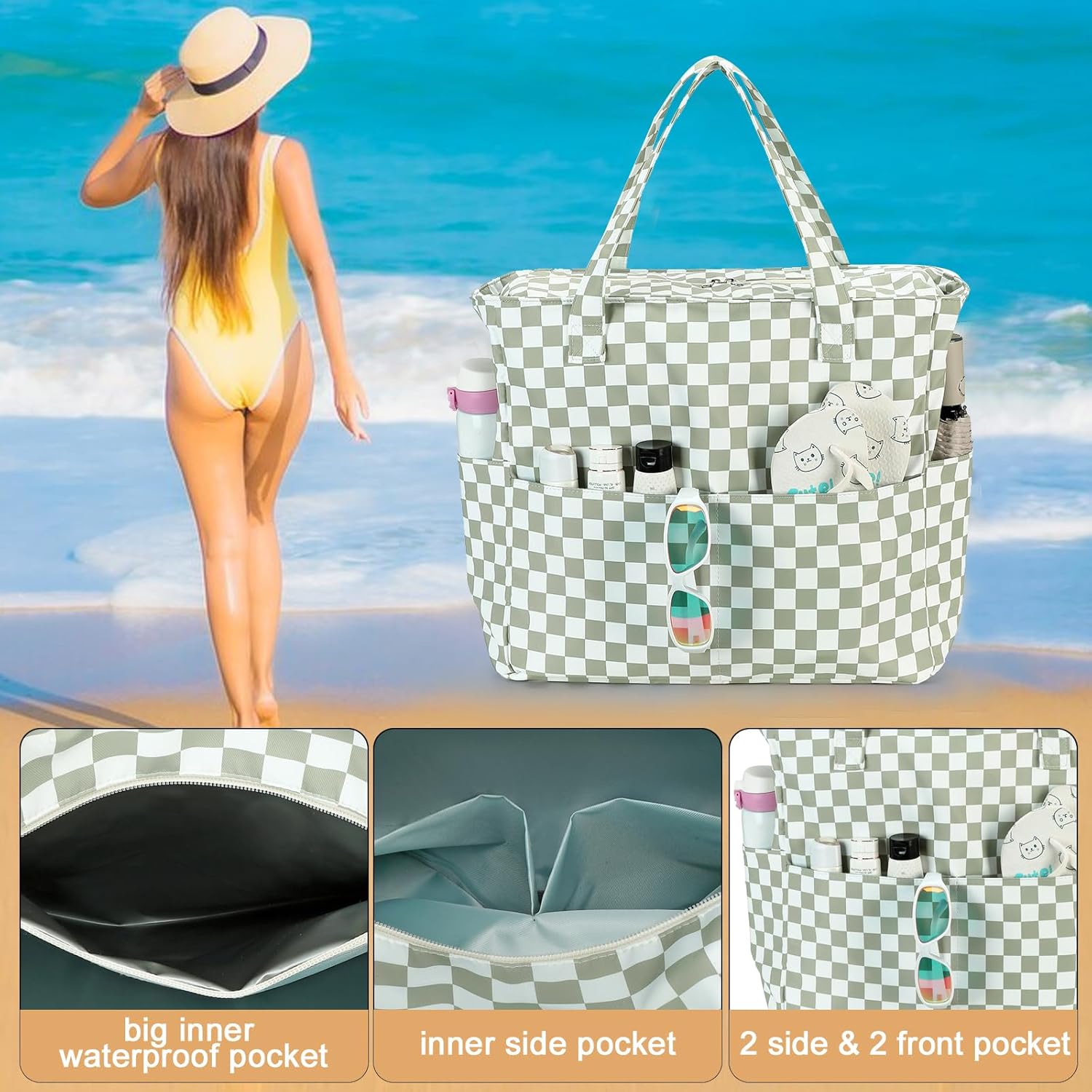 LEDAOU Beach Bag Waterproof Sandproof Women Tote Bag Pool Bag with Zipper for Gym Grocery Travel