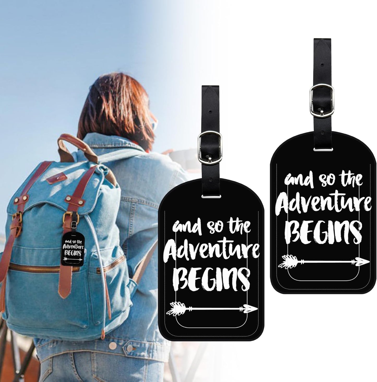 2 Pack Luggage Tags Adventure Begins PU Leather Baggage Handbag Suitcase Tags with Secure Strap