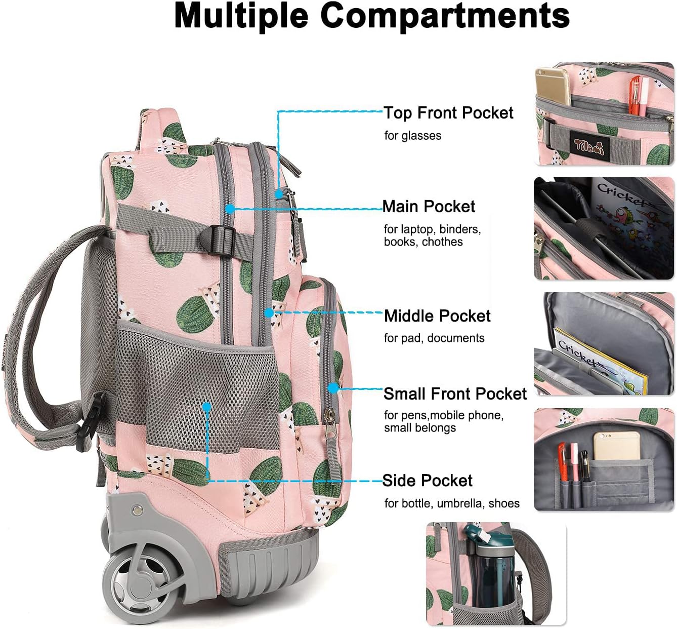 Tilami Rolling Backpack 18 inch Wheeled Backpack School College Student Travel Trip Boys and Girls