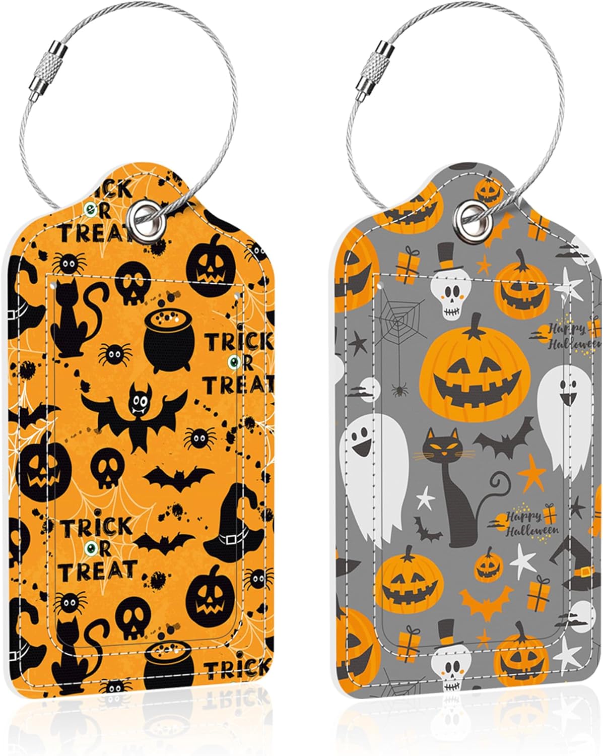 2 Pack Halloween Pumpkin Luggage Tag for Suitcase,Halloween PU Leather Suitcase Tags Identifiers with Privacy Name Address Labels and Steel Loop for Women Men Travel