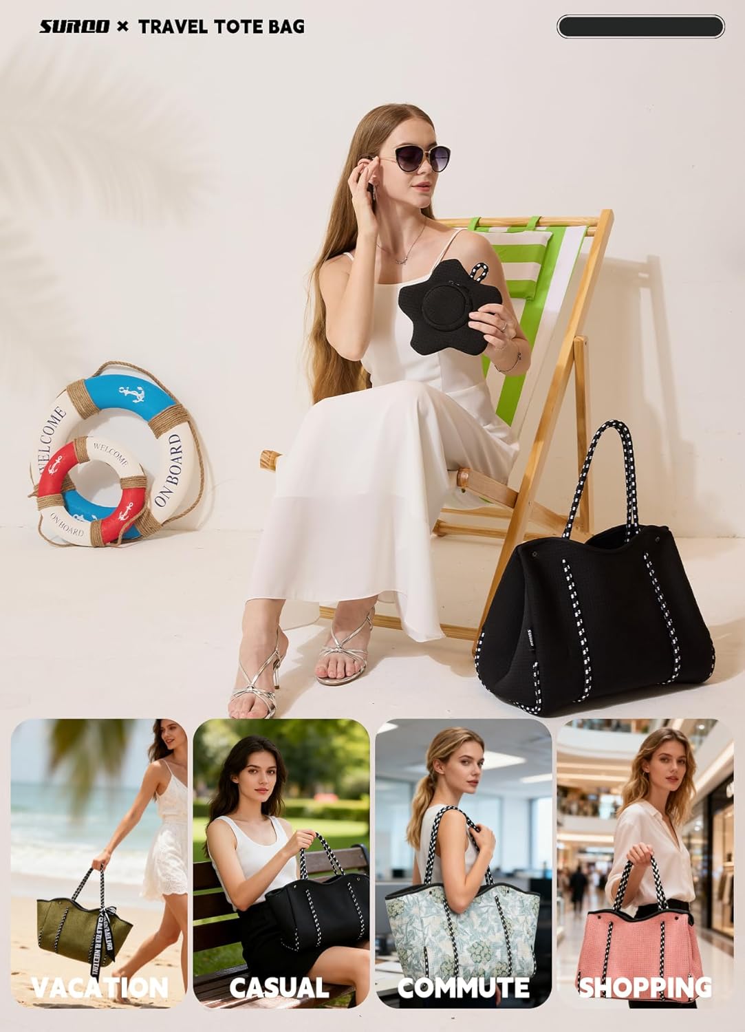Neoprene Beach Bag for Women, Large Travel Tote Gym & Pool Bag, Detachable Pouch