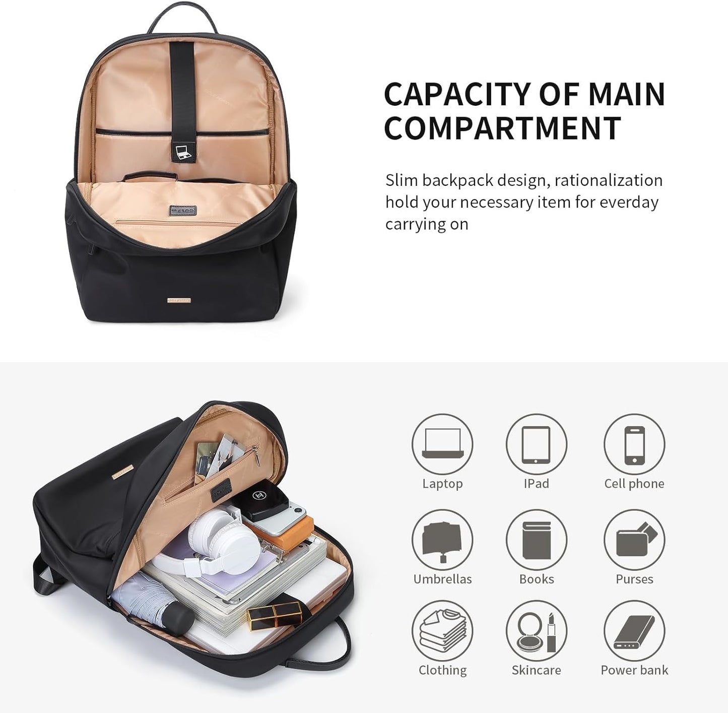 GOLF SUPAGS Laptop Backpack for Women Slim Computer Bag Work Travel College Backpack Purse Fits 15.6 Inch Notebook (Black)