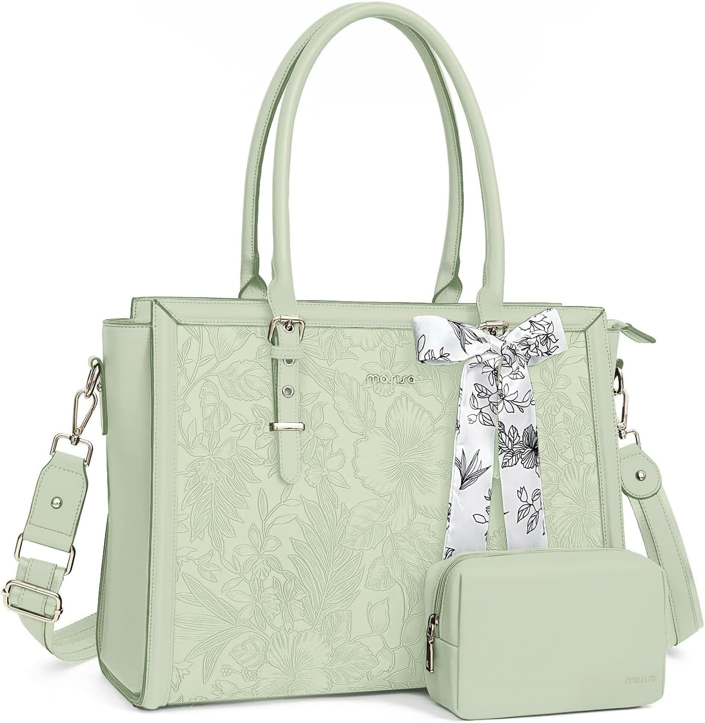 MOSISO Laptop Bag for Women, PU Leather Tote Bag, Front Embossed Retro Hibiscus Computer Bags with Silk Scarf&Clutch Purse