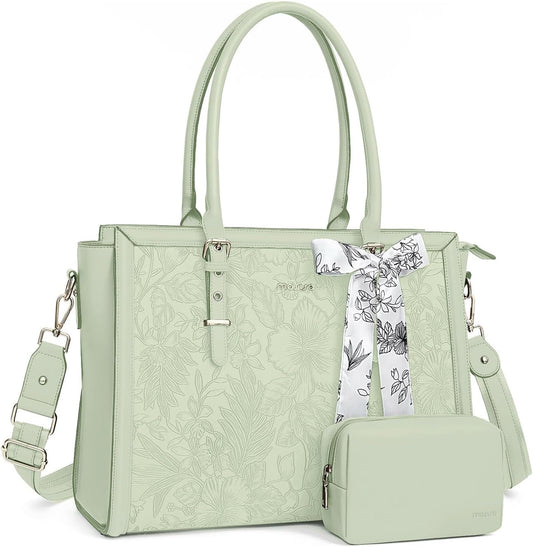 MOSISO Laptop Bag for Women, PU Leather Tote Bag, Front Embossed Retro Hibiscus Computer Bags with Silk Scarf&Clutch Purse