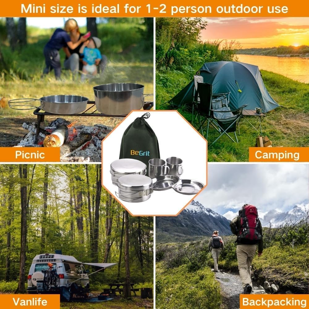 BeGrit Backpacking Camping Cookware Mini Picnic Camping Cooking Mess Kit with Pot and Pan Set for