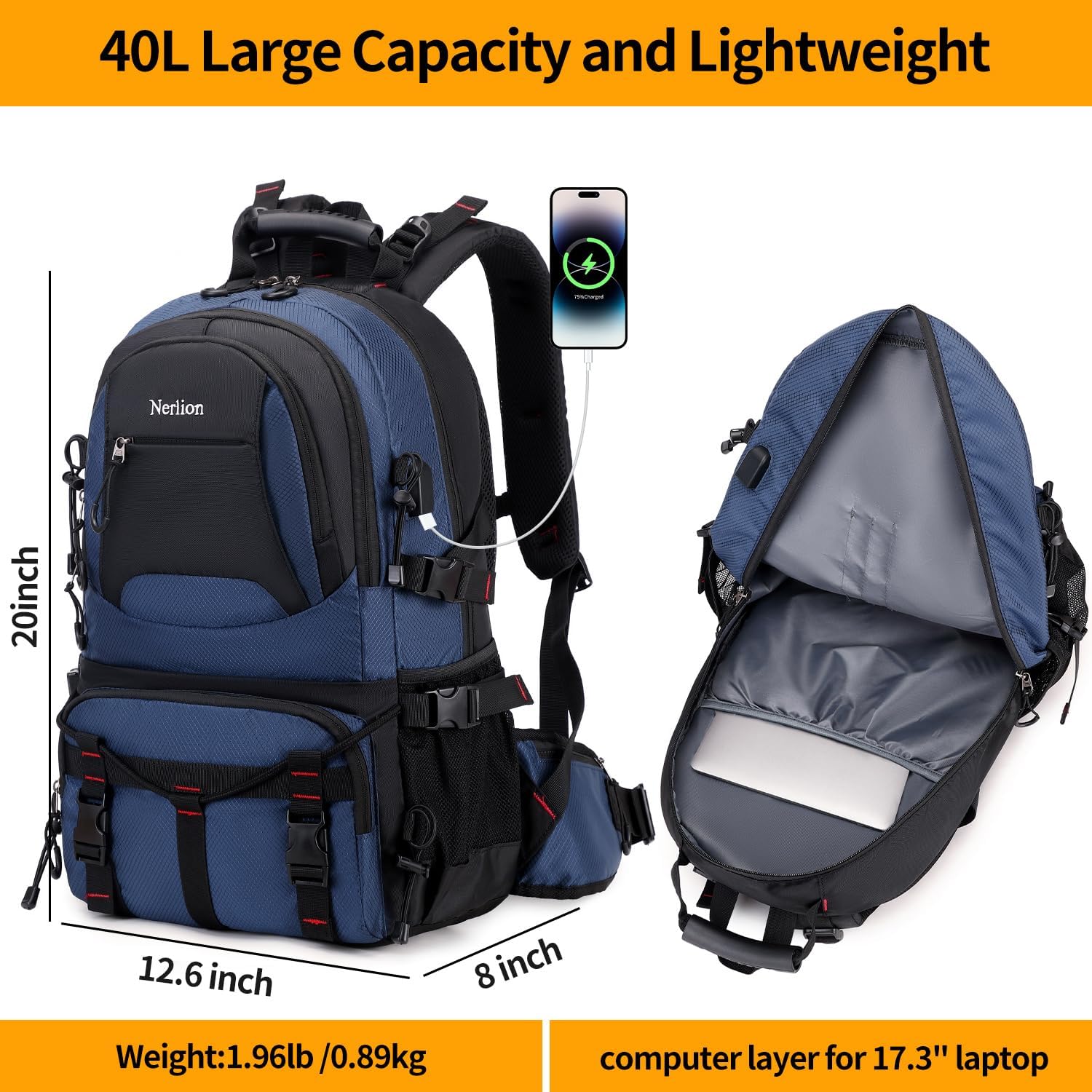 Nerlion 40L Hiking Backpack Travel Backpack for Men Women Camping Waterproof Outdoor Hiking Daypack