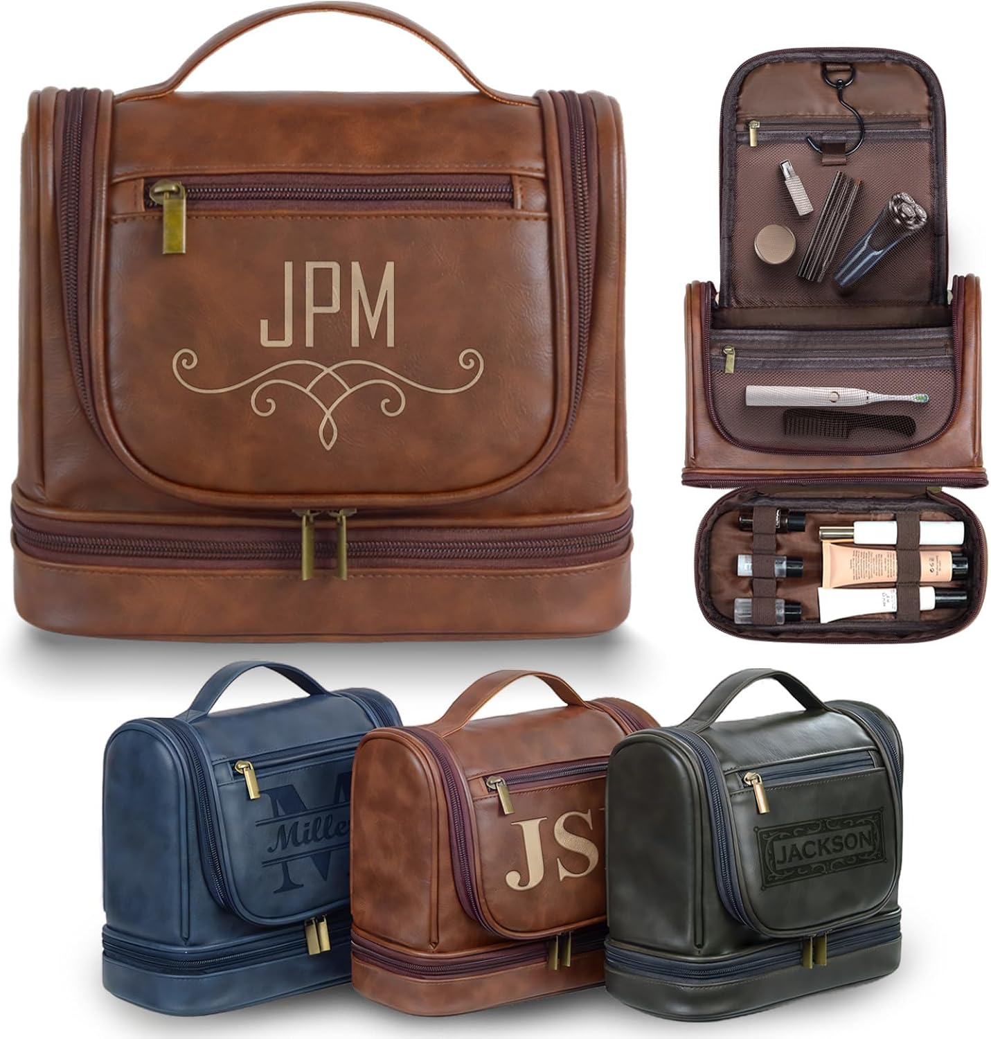 Personalized Hanging Toiletry Bag for Men, Large Capacity PU Leather Vintage Color Travel Dopp Kit, Gifts for Dad Husband Boyfriend Groomsmen, Engraved Custom Name, Birthday Xmas Wedding (Syle 4)