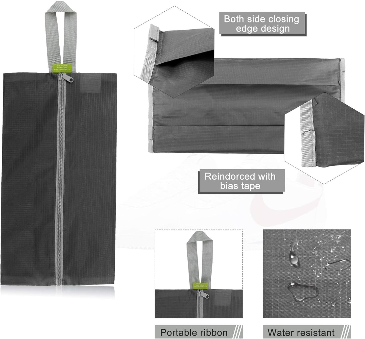 BeeGreen Black Grey Shoe Organizer Set - 6 Pack Shoe Bags For Travel with Zipper Closure and