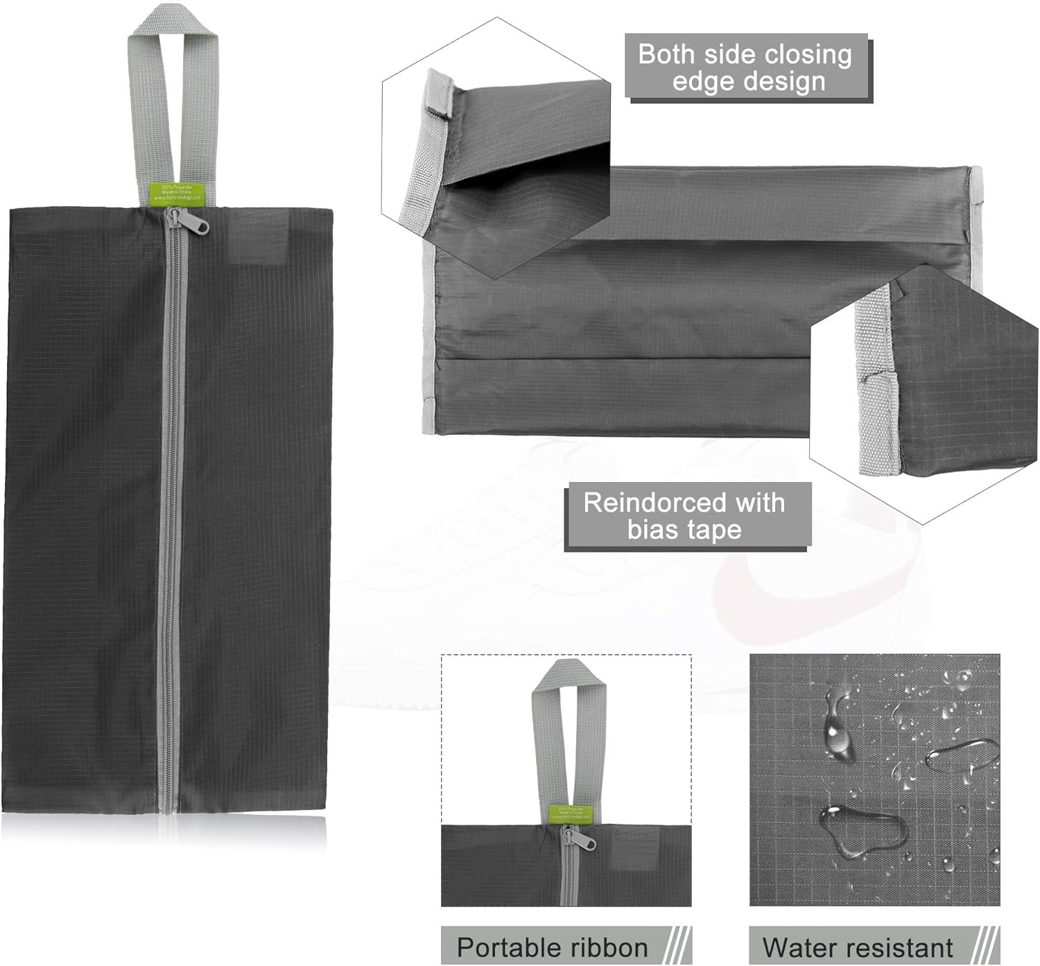 BeeGreen Black Grey Shoe Organizer Set - 6 Pack Shoe Bags For Travel with Zipper Closure and