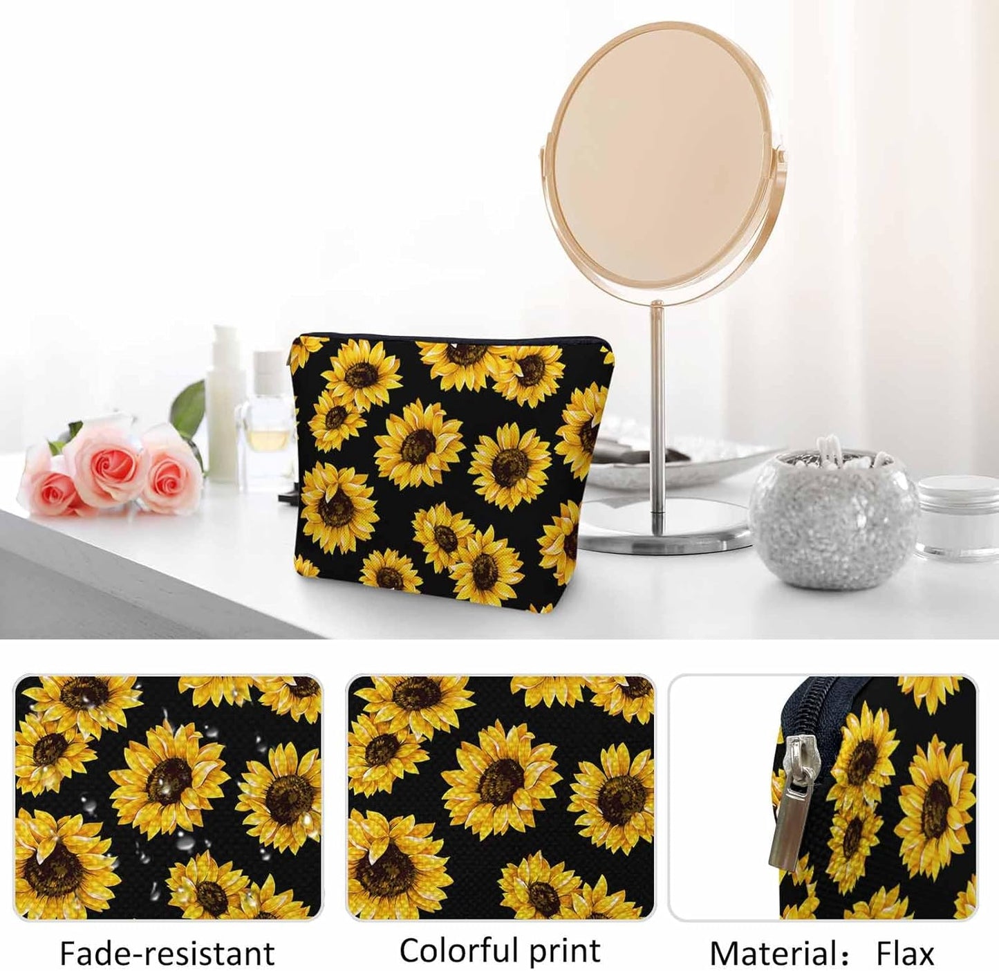 Sunflower Cosmetic Bags For Women, Blossom Sunflowers Yellow Roomy Makeup Bag Toiletry Bag Accessories Organizer Storage Bags Makeup Pouch For Travel Business Gym Camping Bathroom