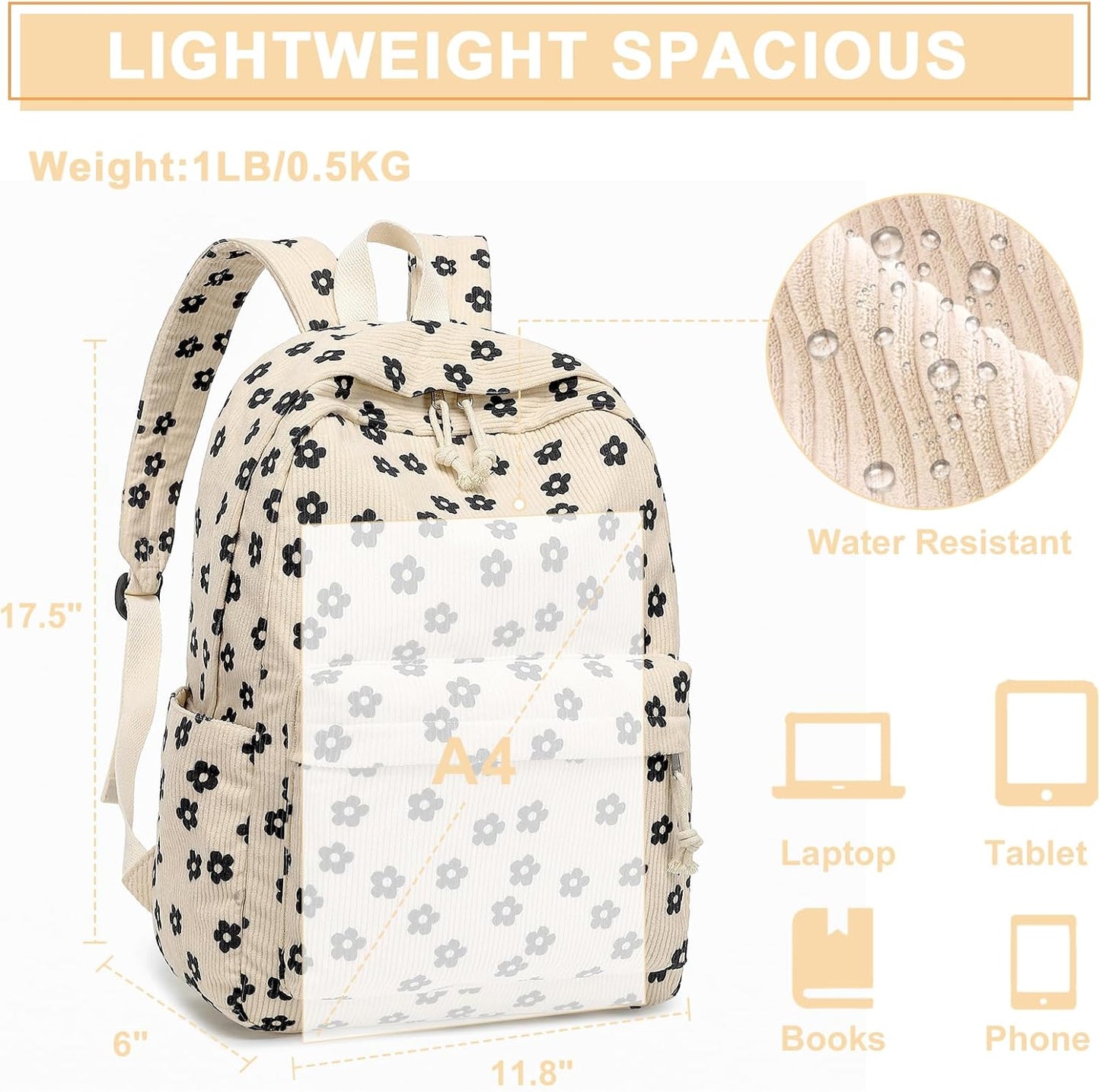 School Backpack for Teen Girls Bookbags Elementary High School Corduroy Laptop Bags Women Travel