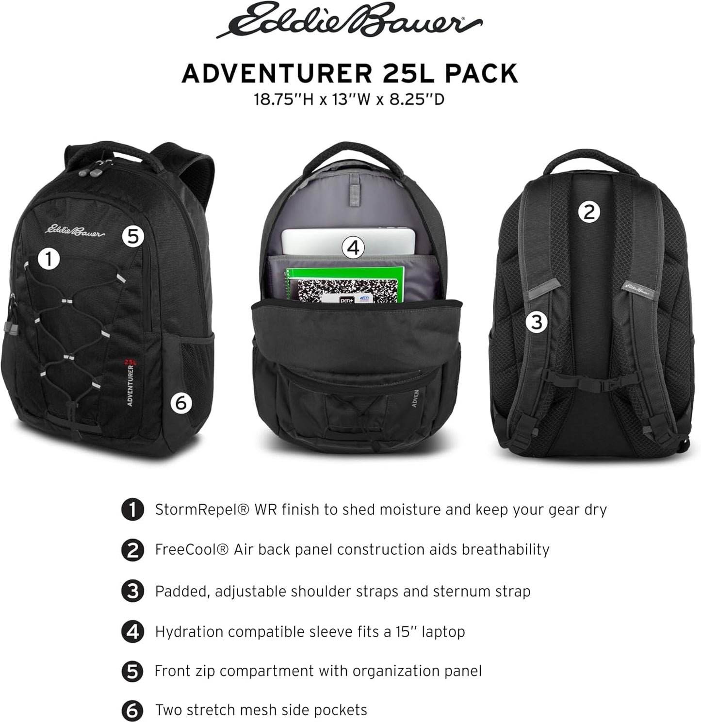 Eddie Bauer Adventurer Backpack with Organization Compartments and Hydration/Laptop Compatible Sleeve, Adventurer - Black, 25L