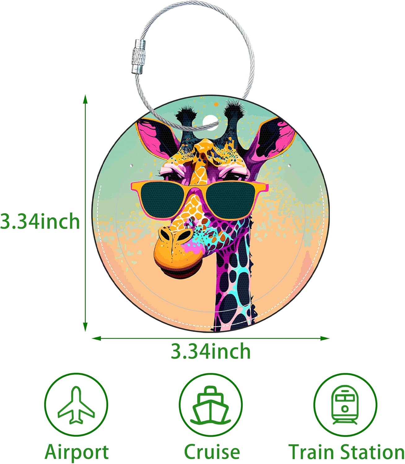 Round Cute Luggage Tags 2 Pack Funny Giraffe Creative Baggage Tags,Cruise Travel Baggage Suitcases Tag with Stainless Steel Loop ID Tag Privacy Flap